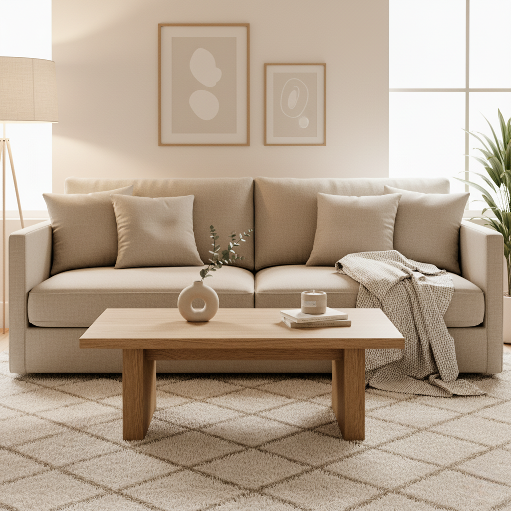 Warm en minimalistisch interieur met beige bank, houten salontafel, zachte texturen en sfeervolle decoratie in de woonkamer