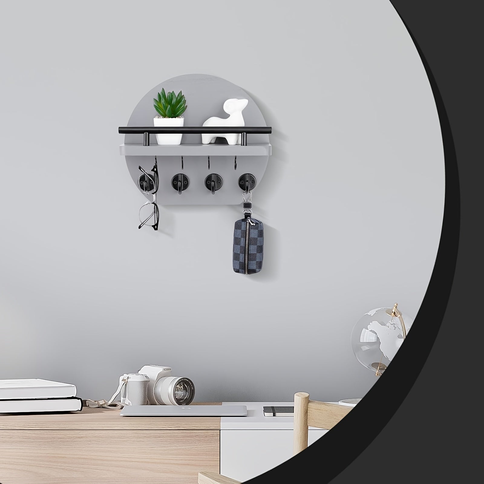 Houten Sleutelhoofd met Plank en 8 Haken - Rustieke Muurorganizer voor Sleutels en Accessoires