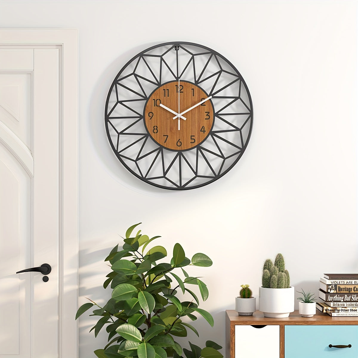Stille Metalen Wandklok met Houtkorrelontwerp – Verkrijgbaar in 12/14/16 Inch voor Woonkamer en Slaapkamer