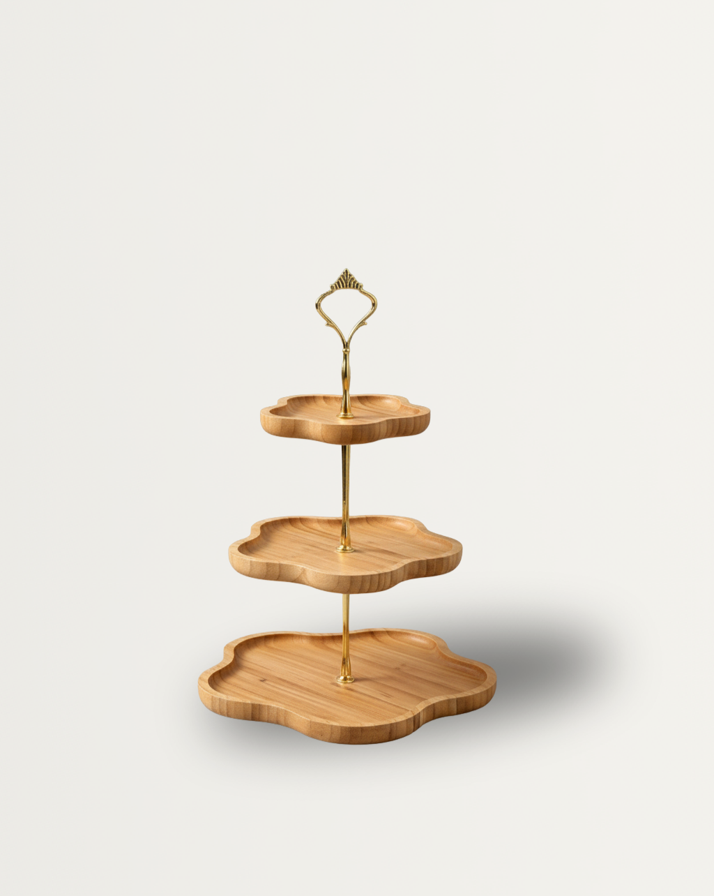 Elegante 3-Laags Houten Serveerblad met Gouden Handvatten voor Fruit en Snacks