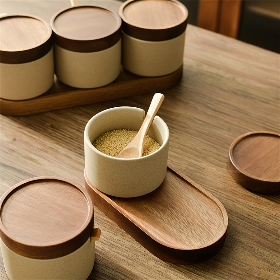 Japanse Stijl Aardewerk Kruidenpotjes met Deksel en Lepels – Mini Opslagcontainers voor Zout en Suiker