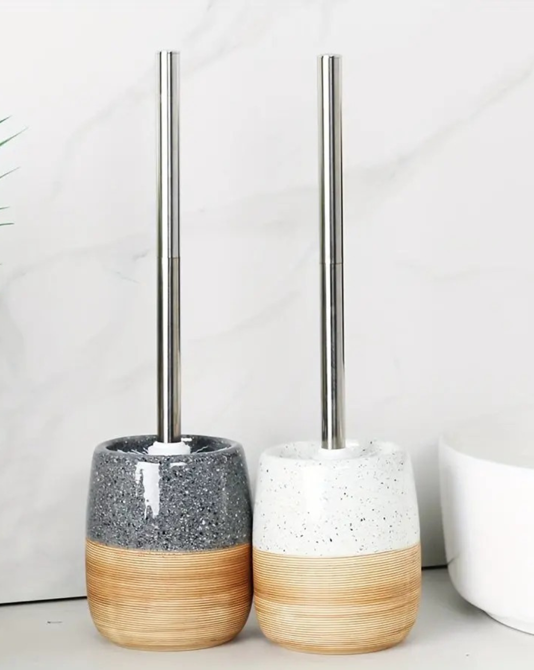 Keramische Toiletborstelset met Houten Textuurbasis — Stijlvolle Badkameraccessoire - Maison Roze