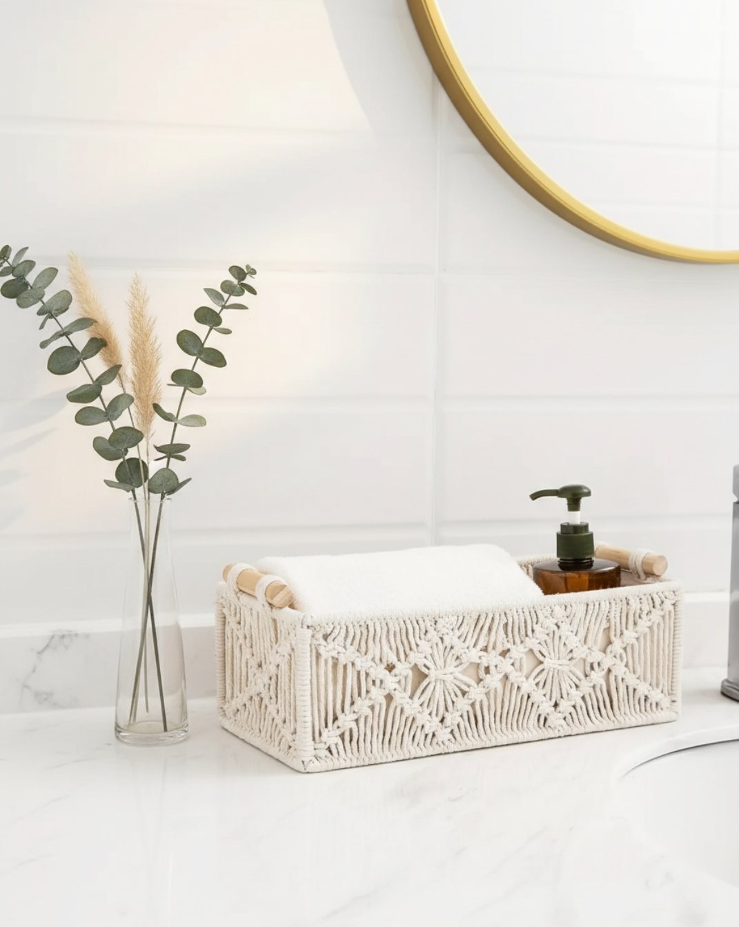 Boho Opbergmandjes Set (2 stuks) – Gevlochten Organizer met Houten Handvatten