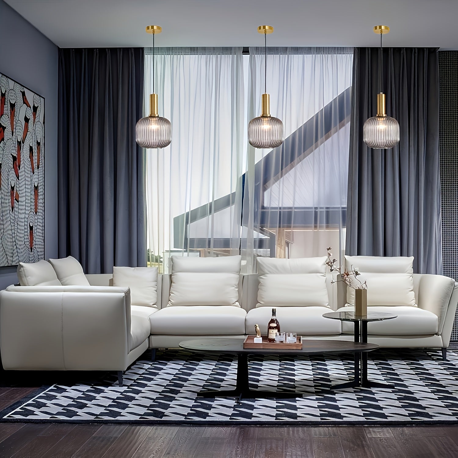 Moderne Boerderijstijl Hanglamp met Gestreepte Glaslampen en Gouden Afwerking - Semi Flush Mount