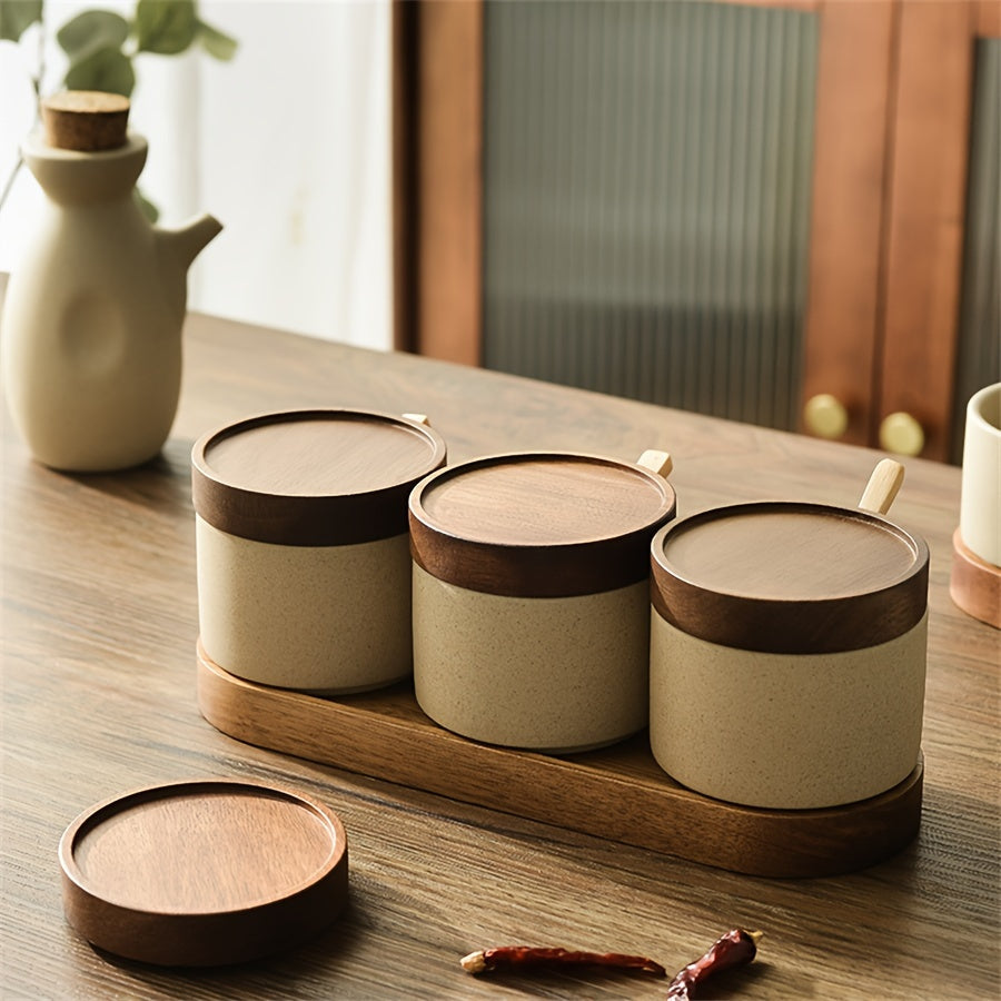 Japanse Stijl Aardewerk Kruidenpotjes met Deksel en Lepels – Mini Opslagcontainers voor Zout en Suiker