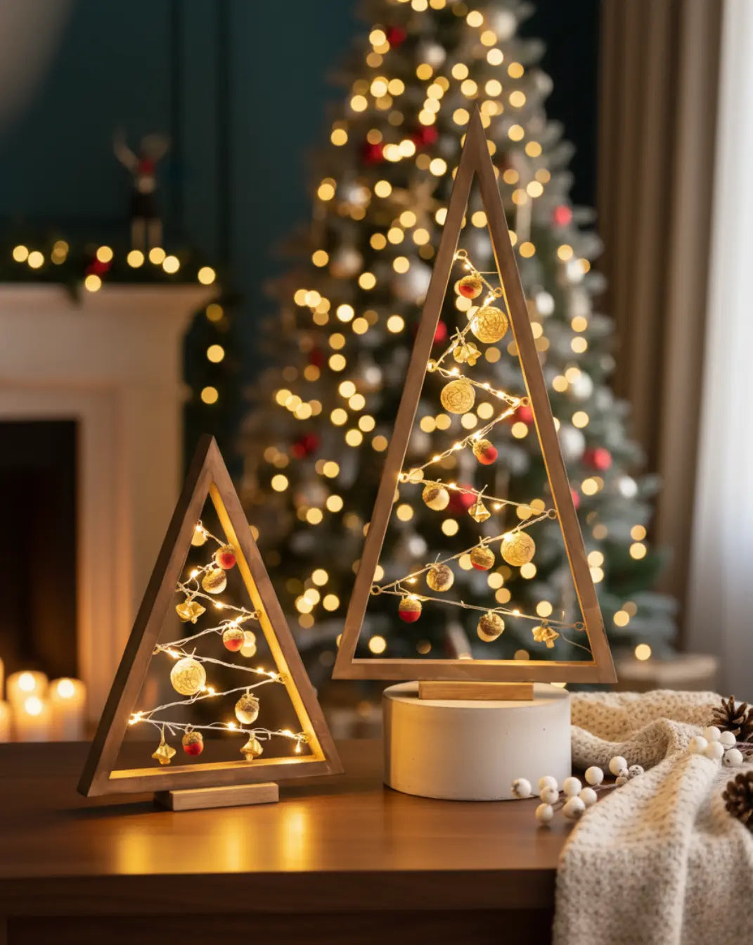 Triangle houten kerstboom met ornamenten Maison Roze