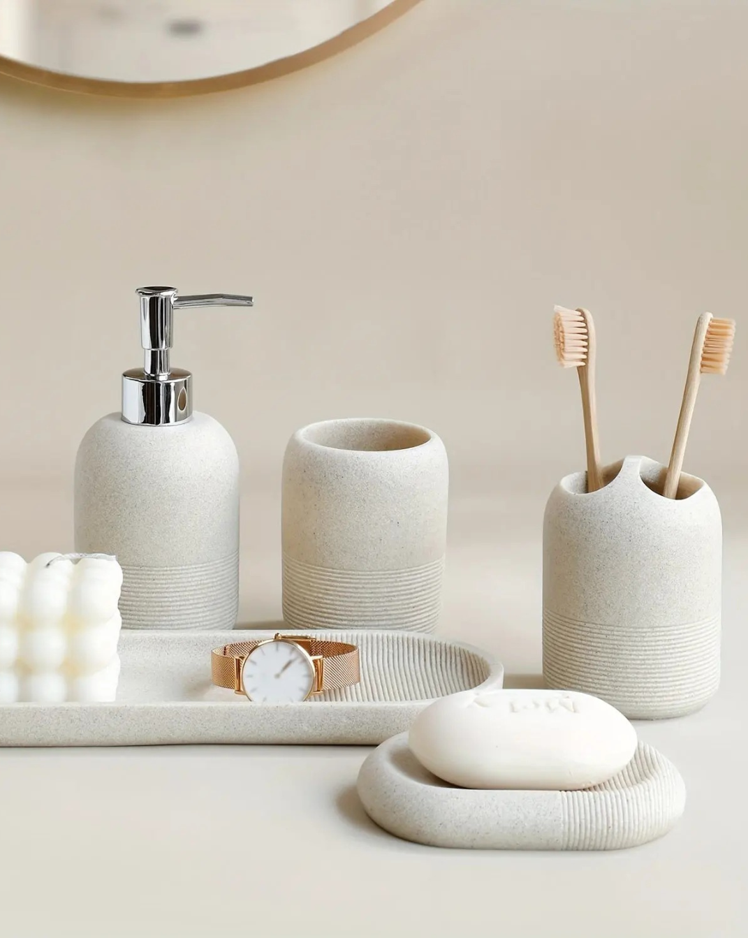 5-Delige Badkamerset met Gele Zandsteen Textuur — Luxe Badkameraccessoires Set - Maison Roze