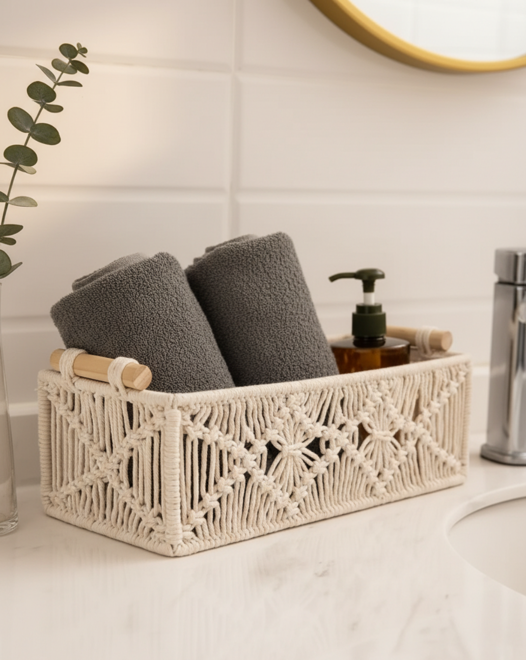 Boho Opbergmandjes Set (2 stuks) – Gevlochten Organizer met Houten Handvatten