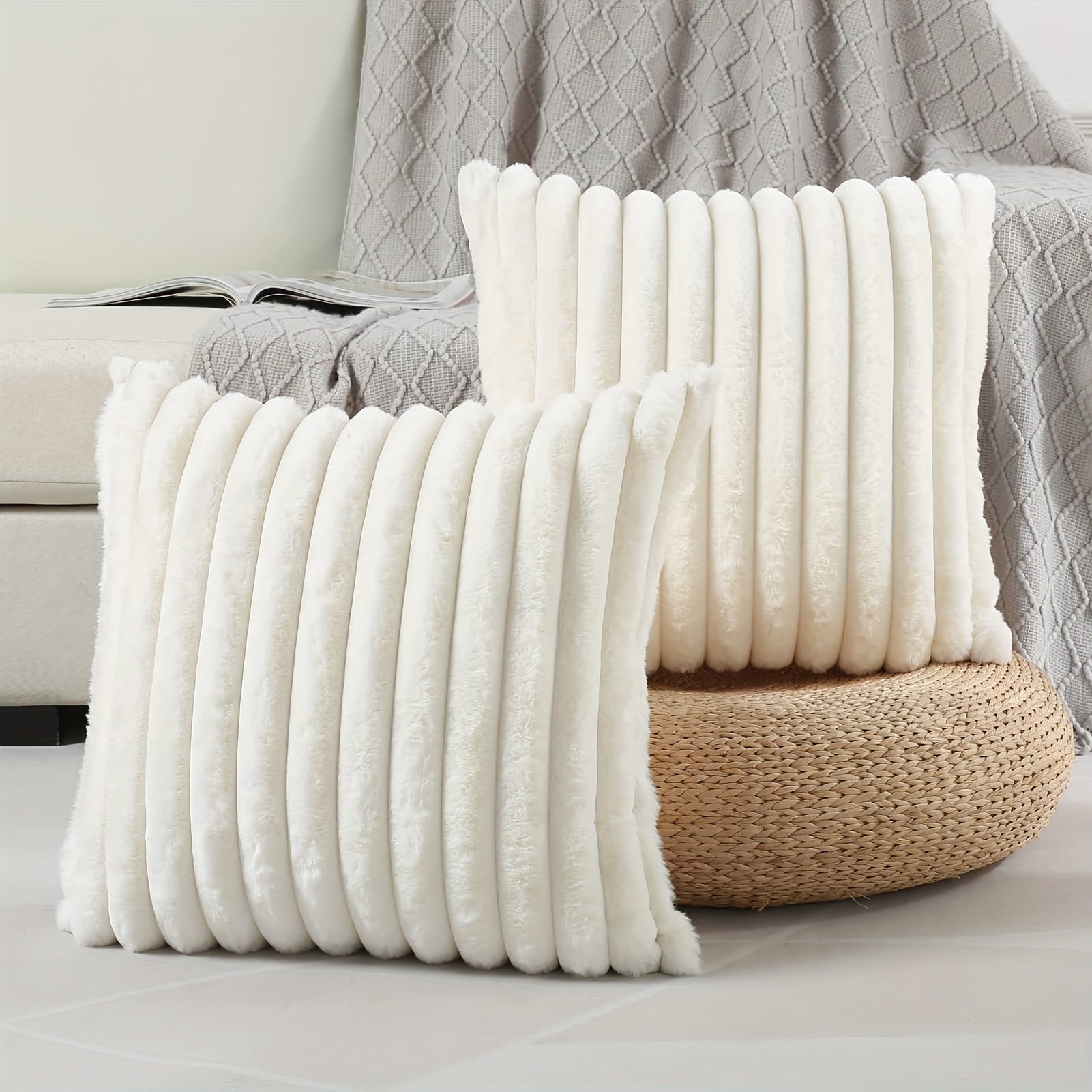Set van 2 Zachte Decoratieve Kussenhoezen met Gestreept Design – Crème Wit Polyester