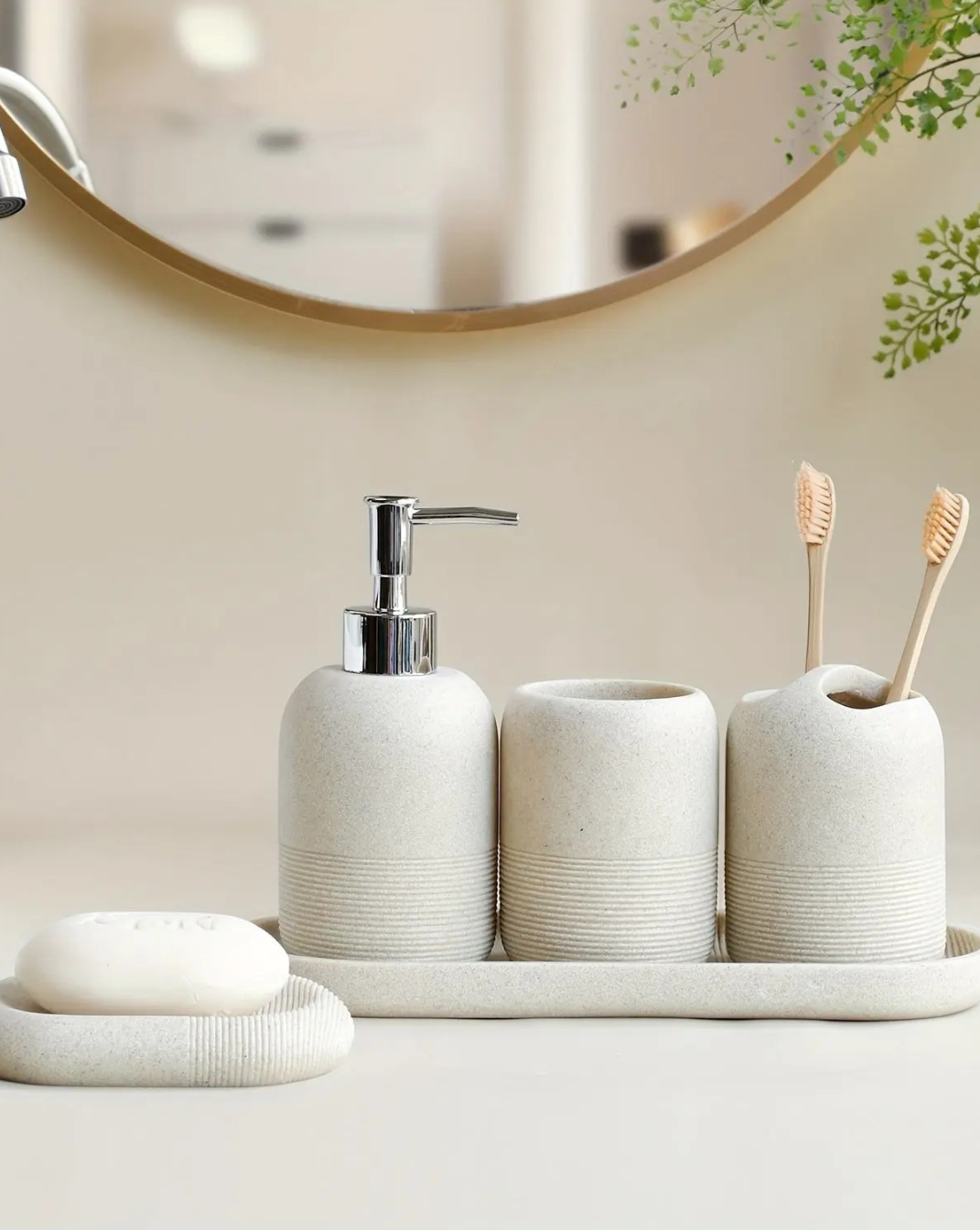 5-Delige Badkamerset met Gele Zandsteen Textuur — Luxe Badkameraccessoires Set - Maison Roze