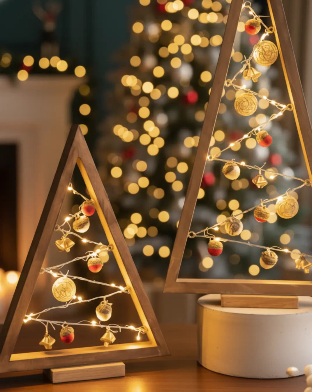 Triangle houten kerstboom met ornamenten Maison Roze