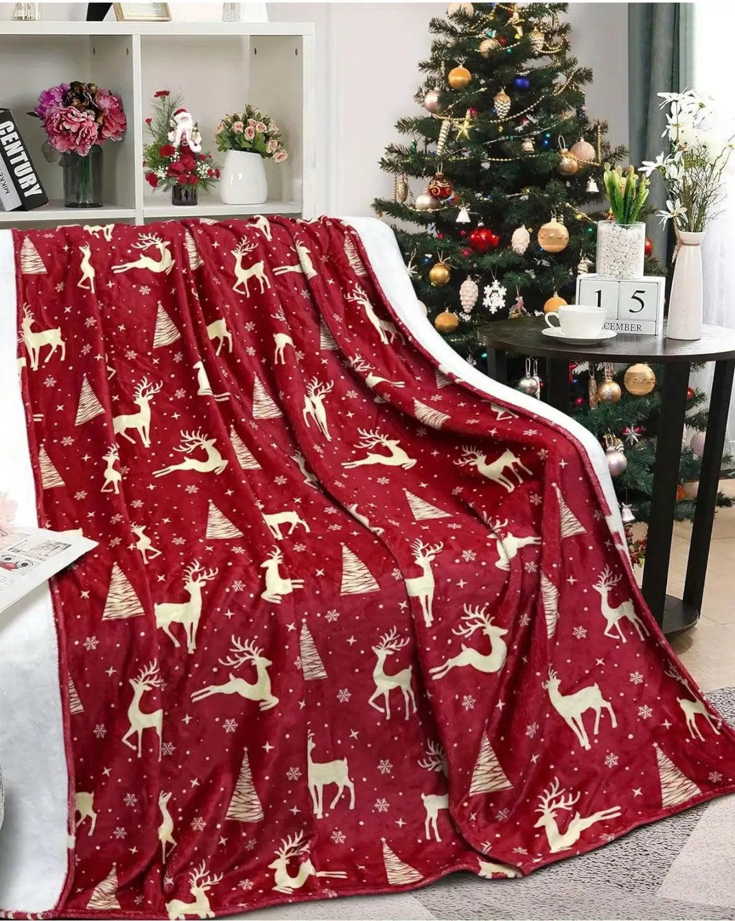 Flanelle Kerstdeken met Rendierprint Maison Roze