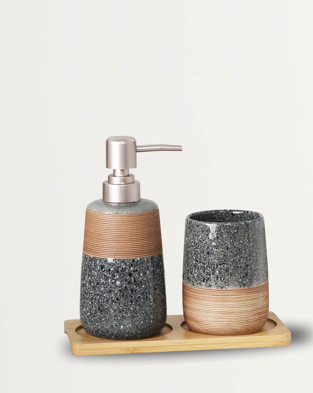 3-delige Keramische Badkamer Set met Mondwaterbeker, Lotionflesje en Houten Dienblad