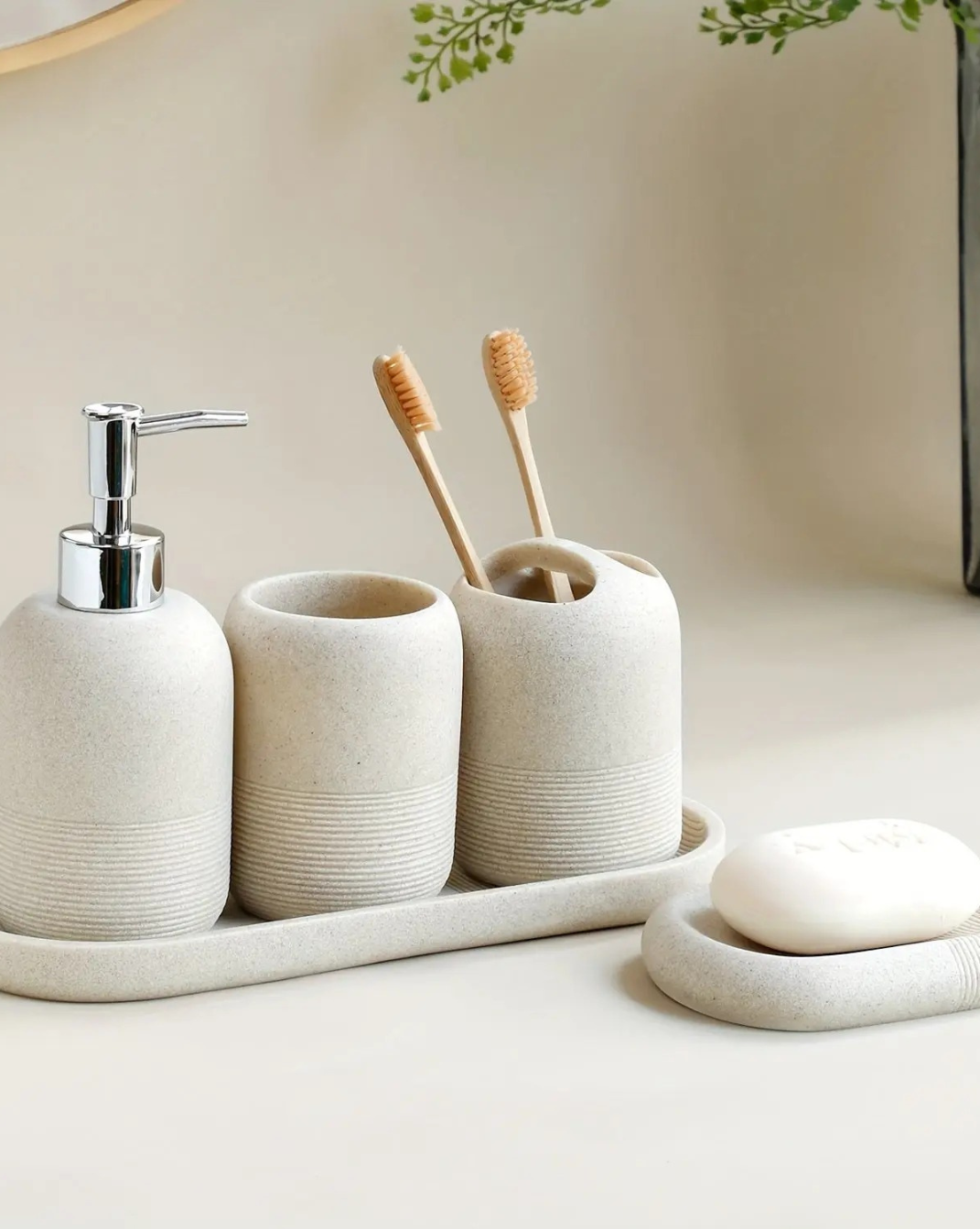 5-Delige Badkamerset met Gele Zandsteen Textuur — Luxe Badkameraccessoires Set - Maison Roze