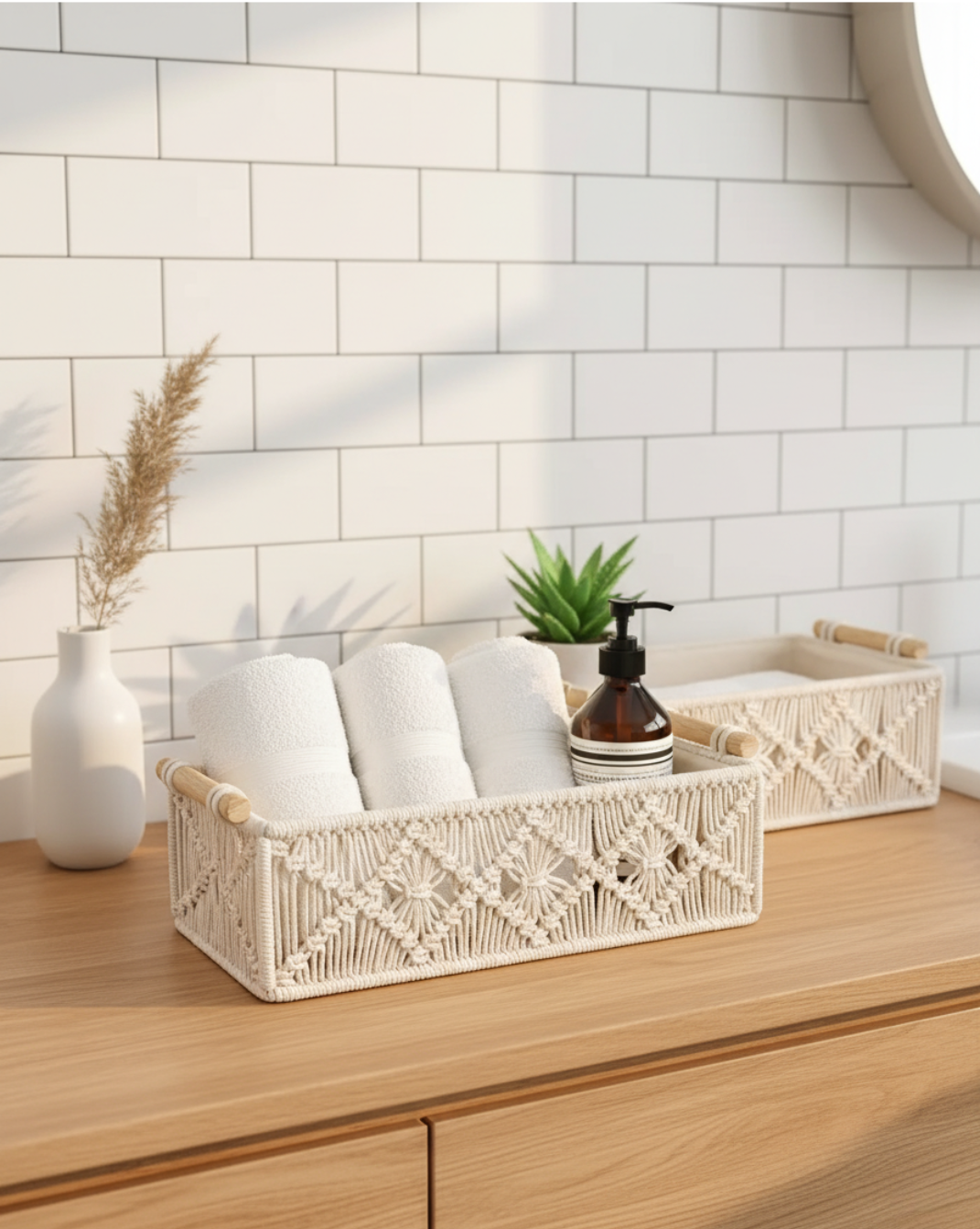 Boho Opbergmandjes Set (2 stuks) – Gevlochten Organizer met Houten Handvatten