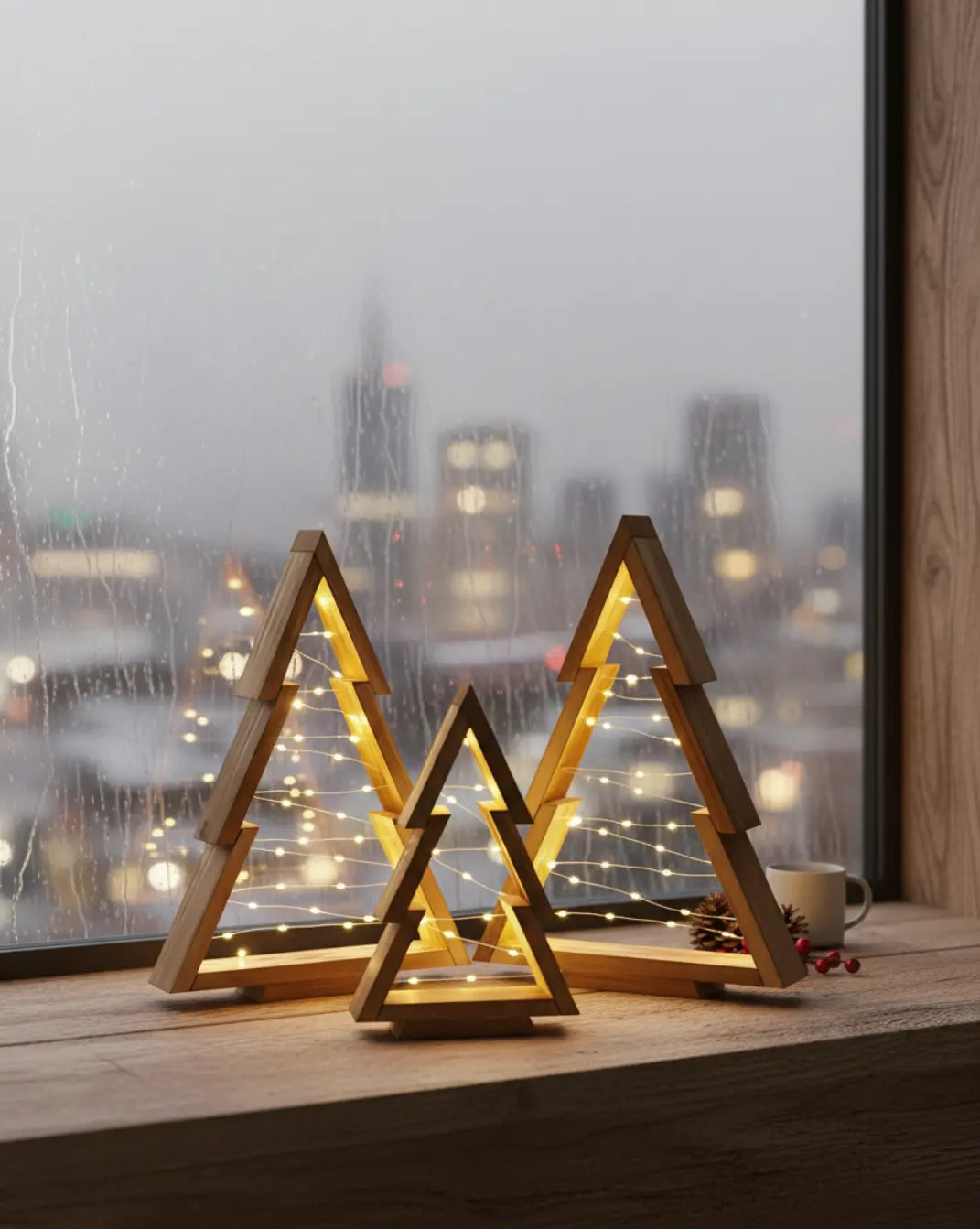 Minimalistische houten kerstboom set - ingebouwde LED-verlichting Maison Roze