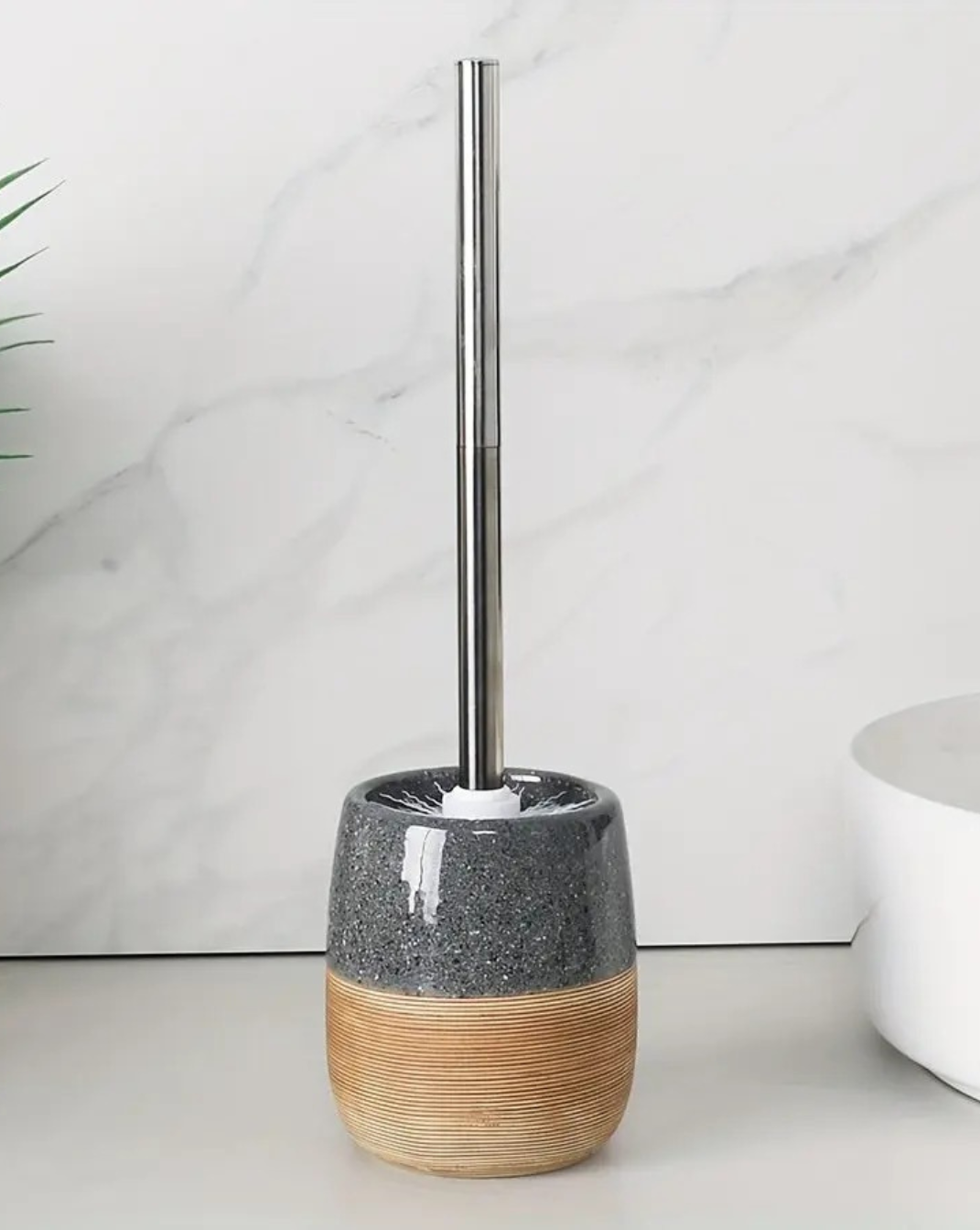 Keramische Toiletborstelset met Houten Textuurbasis — Stijlvolle Badkameraccessoire - Maison Roze