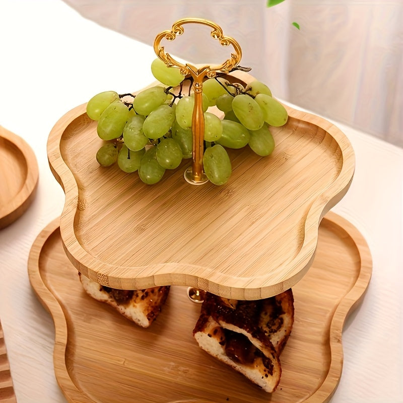 Elegante 3-Laags Houten Serveerblad met Gouden Handvatten voor Fruit en Snacks