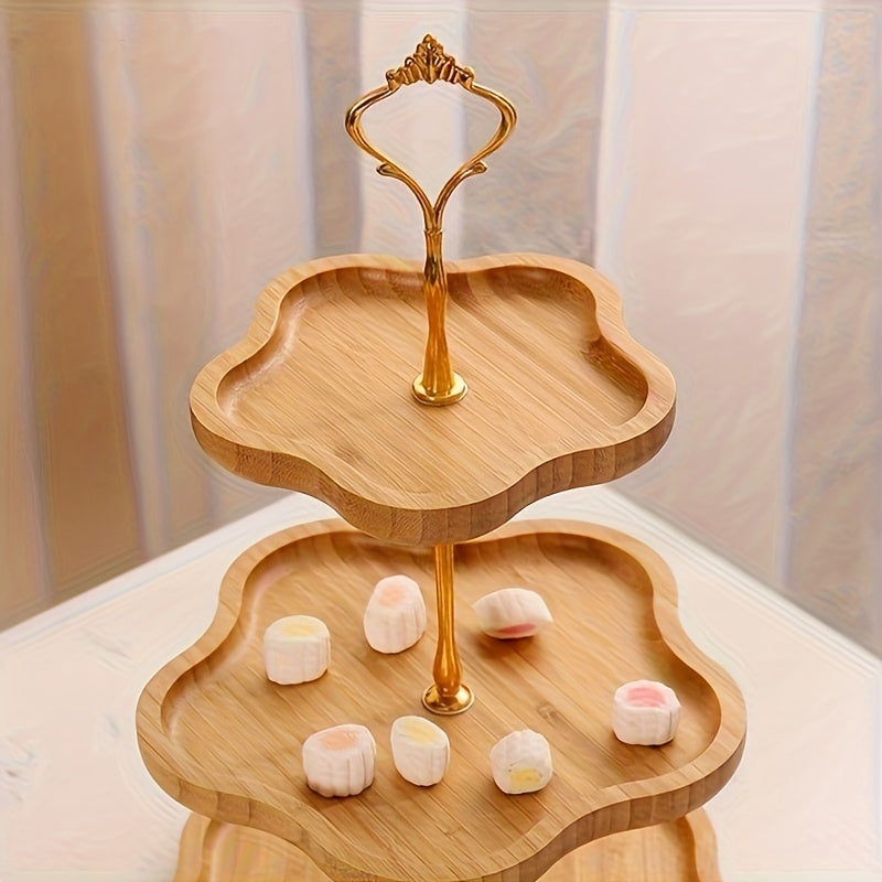 Elegante 3-Laags Houten Serveerblad met Gouden Handvatten voor Fruit en Snacks
