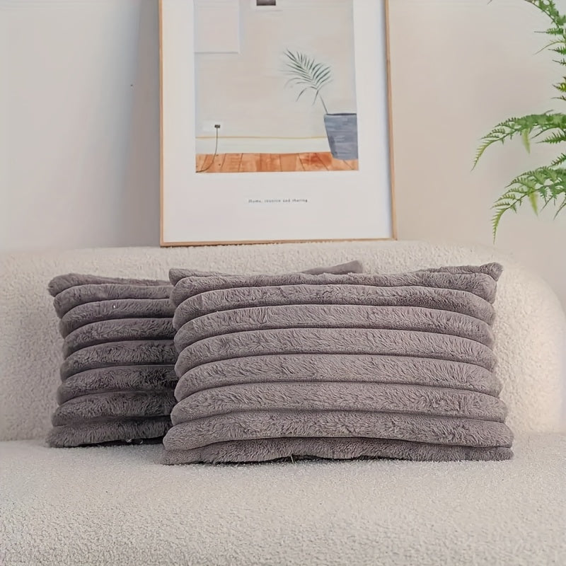 Set van 2 Zachte Decoratieve Kussenhoezen met Gestreept Design – Crème Wit Polyester