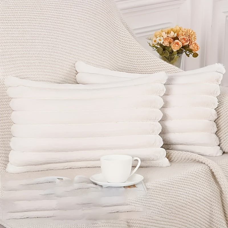 Set van 2 Zachte Decoratieve Kussenhoezen met Gestreept Design – Crème Wit Polyester