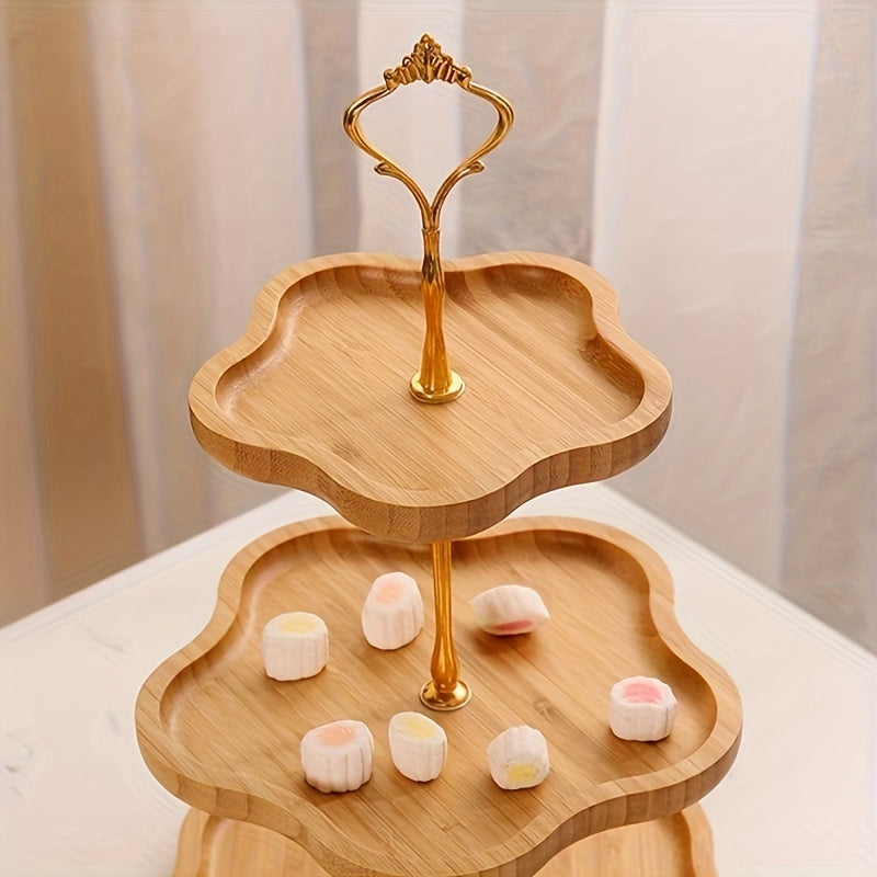 Elegante 3-Laags Houten Serveerblad met Gouden Handvatten voor Fruit en Snacks