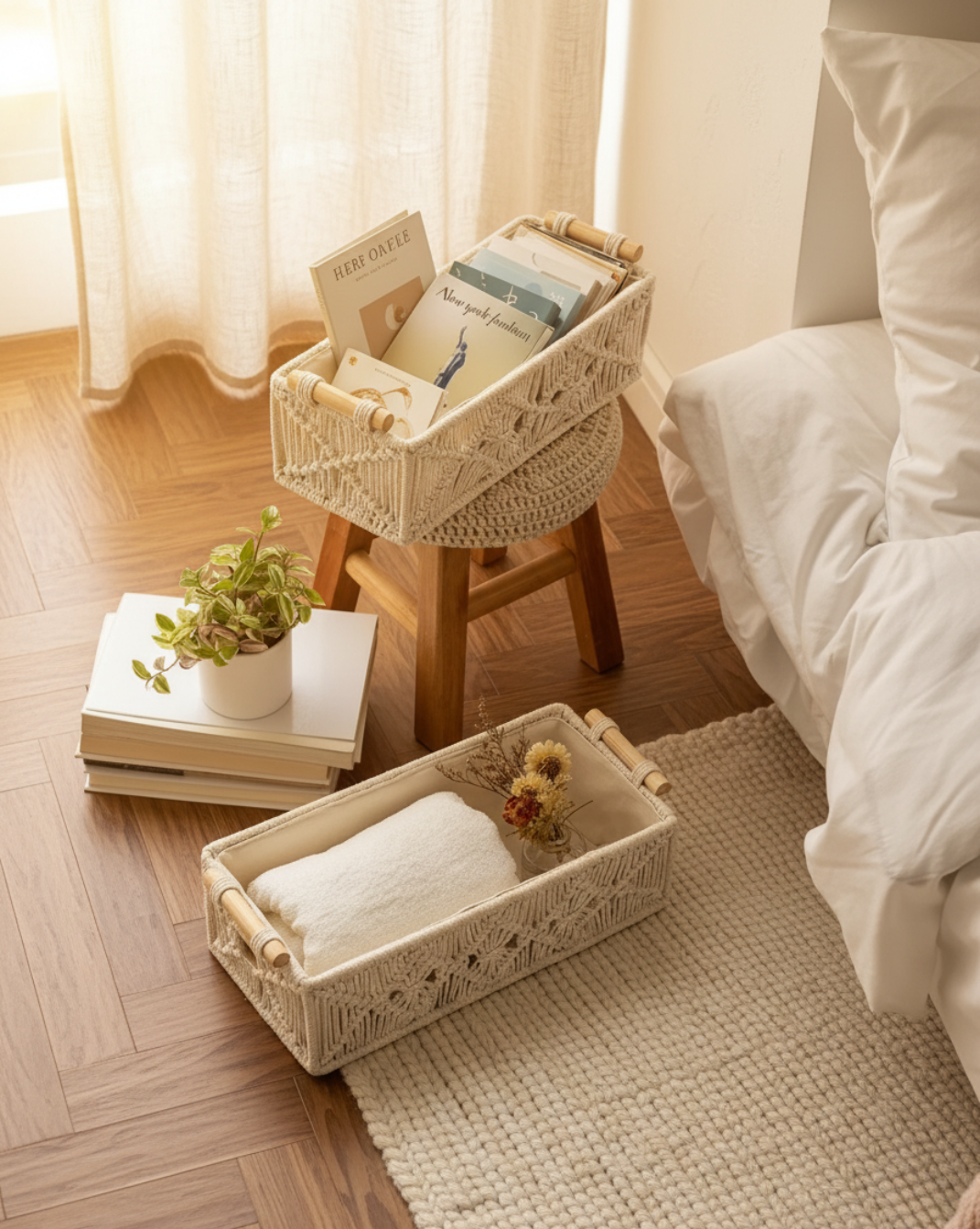 Boho Opbergmandjes Set (2 stuks) – Gevlochten Organizer met Houten Handvatten