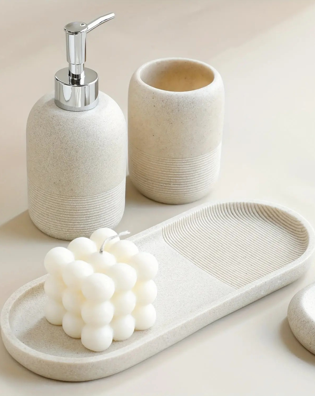 5-Delige Badkamerset met Gele Zandsteen Textuur — Luxe Badkameraccessoires Set - Maison Roze