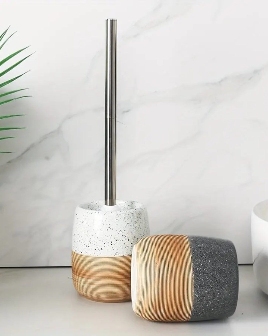 Keramische Toiletborstelset met Houten Textuurbasis — Stijlvolle Badkameraccessoire - Maison Roze