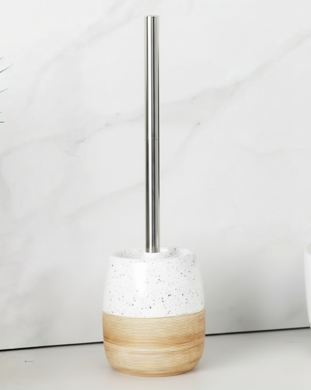 Keramische Toiletborstelset met Houten Textuurbasis — Stijlvolle Badkameraccessoire - Maison Roze