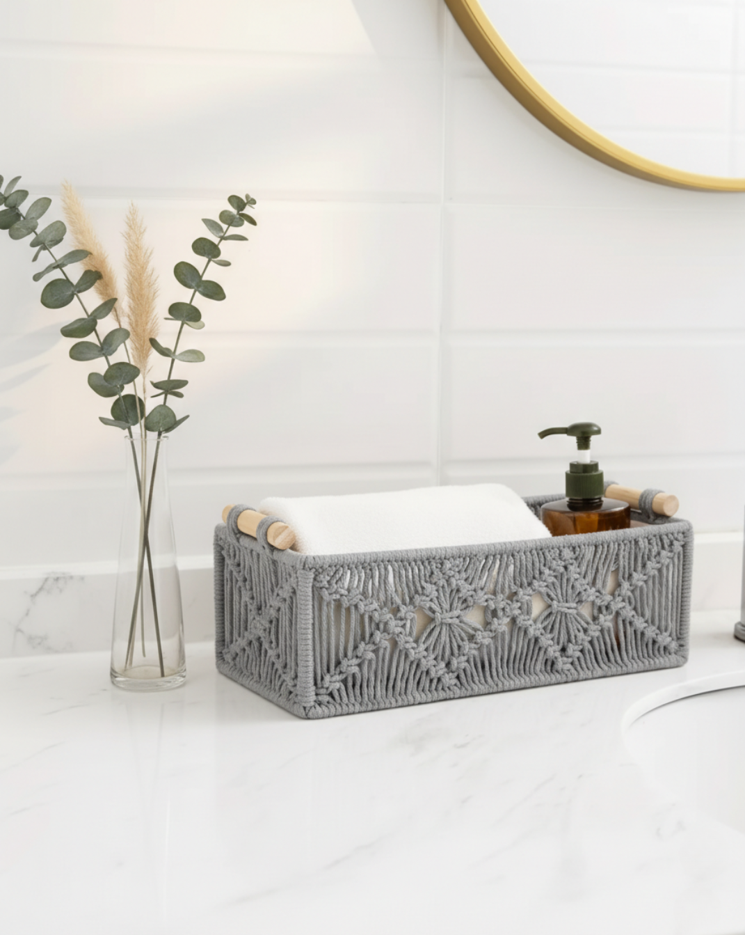 Boho Opbergmandjes Set (2 stuks) – Gevlochten Organizer met Houten Handvatten