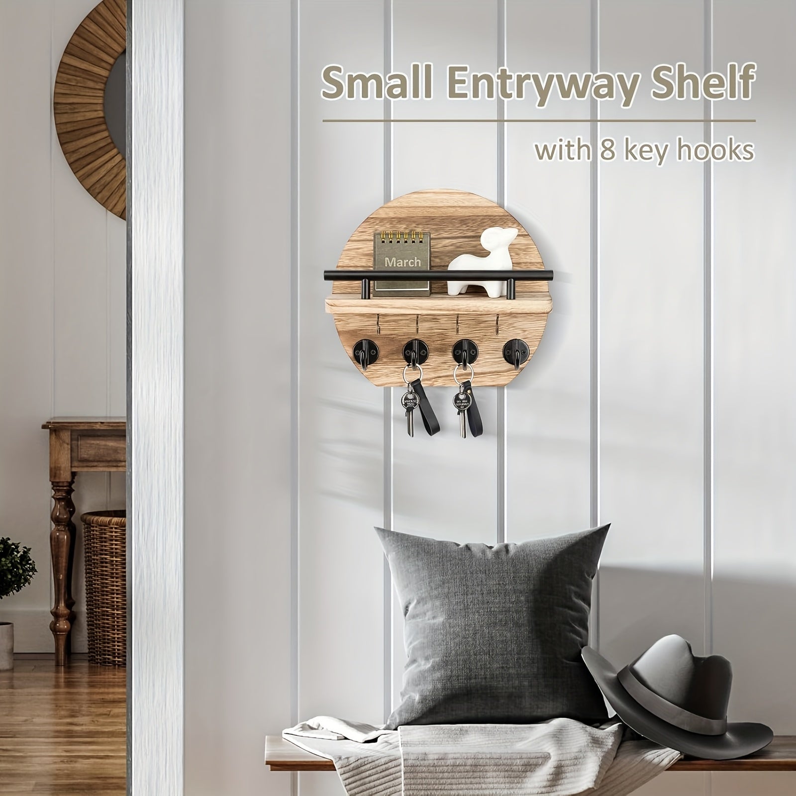 Houten Sleutelhoofd met Plank en 8 Haken - Rustieke Muurorganizer voor Sleutels en Accessoires