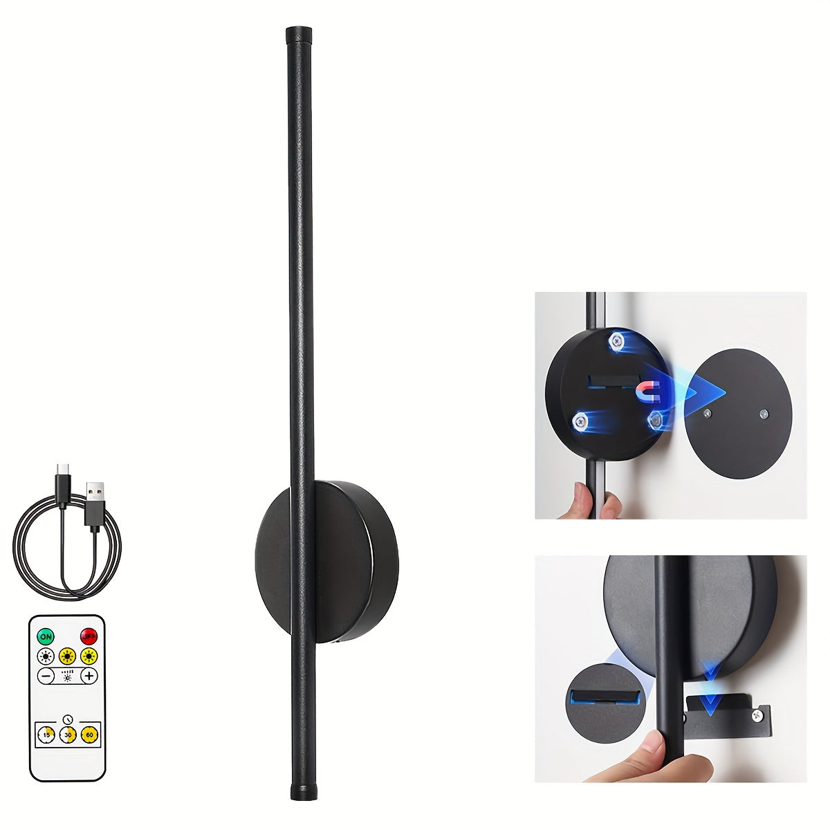 Moderne Wandlamp Zwart met Afstandsbediening en Dimbaar 3-Kleuren Licht – Draadloze Muurlamp voor Binnengebruik