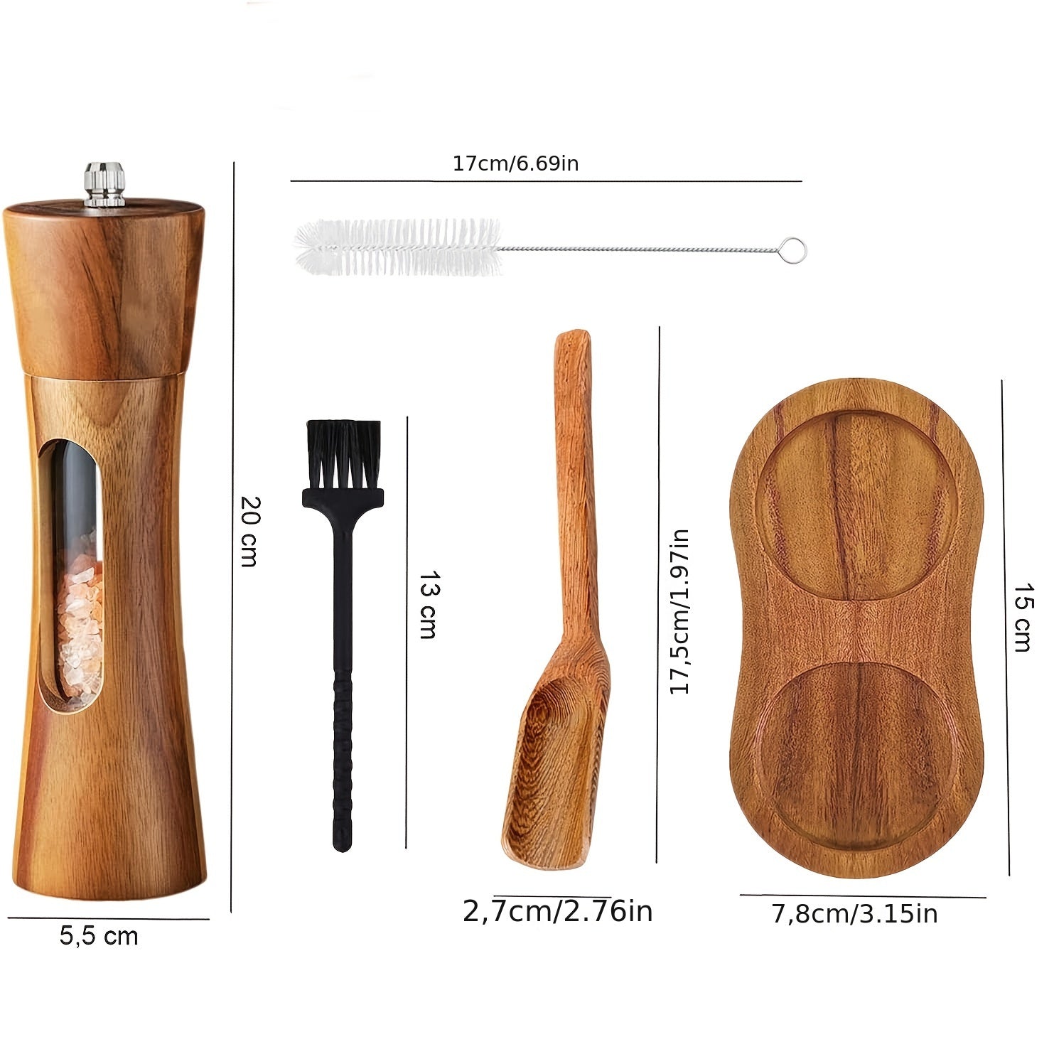 Houten Peper en Zout Molen Set – Handmatige Keuken Molens met Gratis Basis, Lepel en Borstel