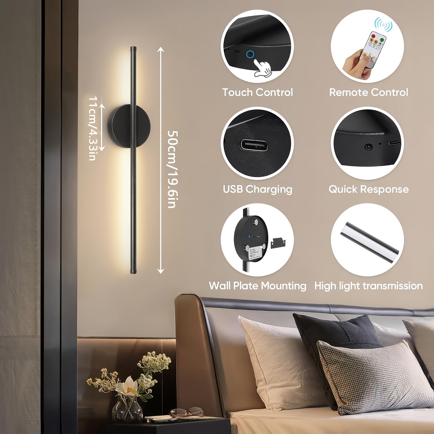 Moderne Wandlamp Zwart met Afstandsbediening en Dimbaar 3-Kleuren Licht – Draadloze Muurlamp voor Binnengebruik