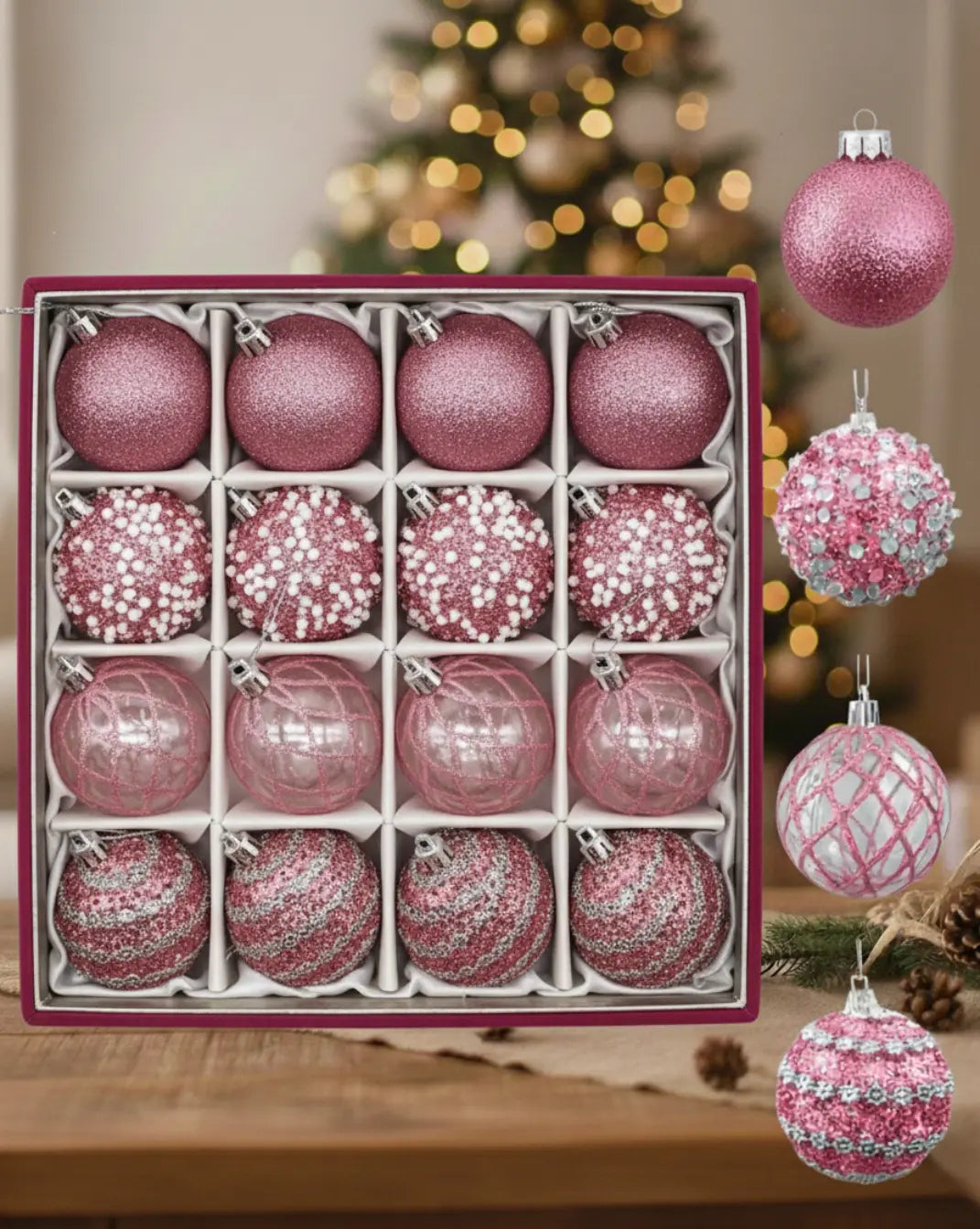 meerkleurige luxe kerstballen set - 16st Maison Roze
