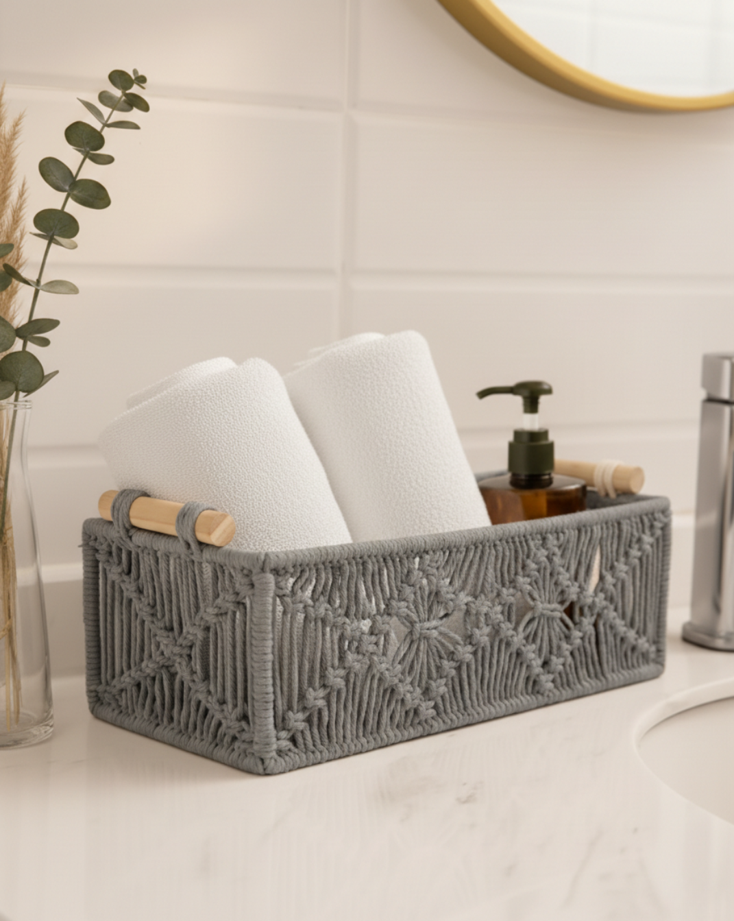 Boho Opbergmandjes Set (2 stuks) – Gevlochten Organizer met Houten Handvatten