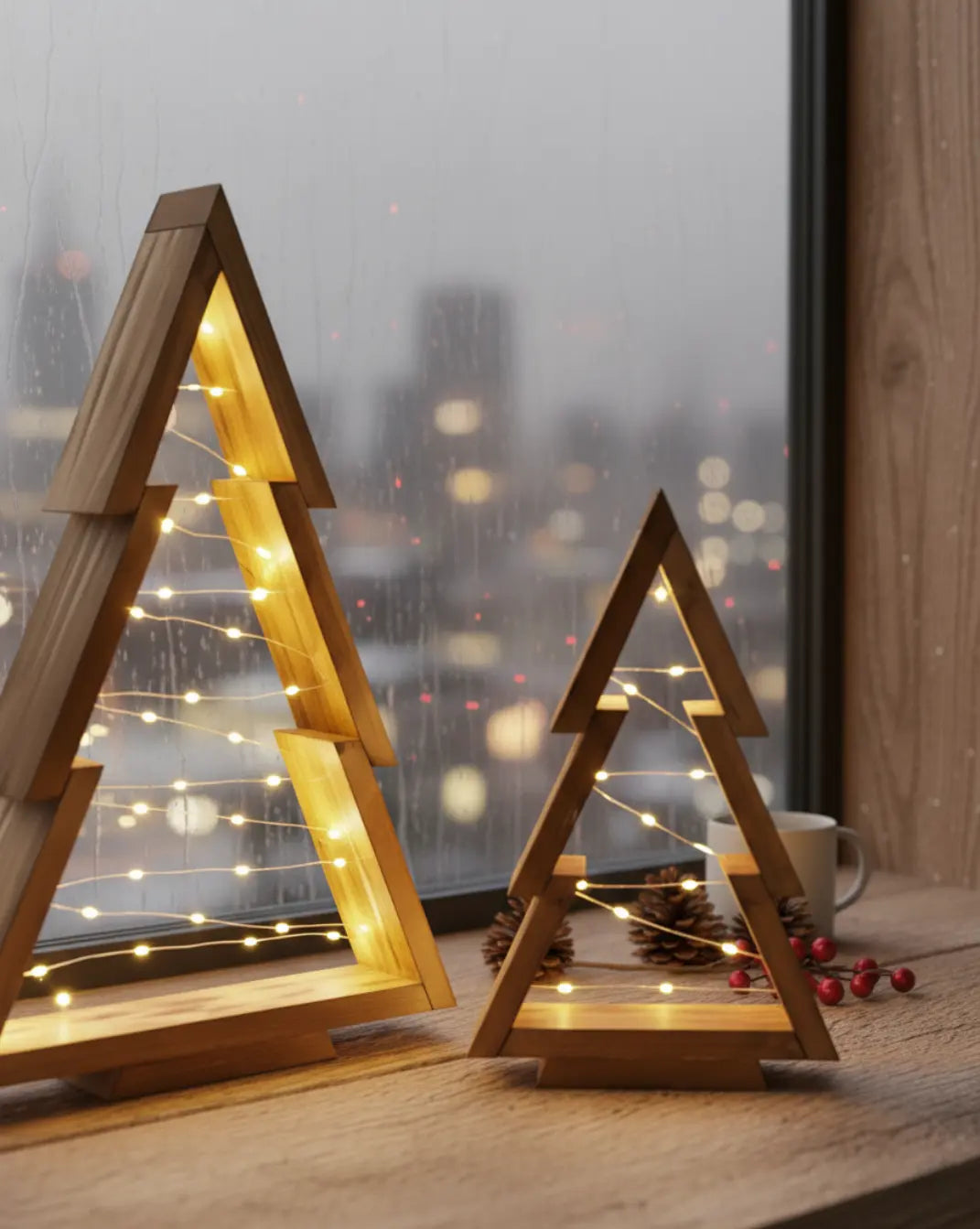 Minimalistische houten kerstboom set - ingebouwde LED-verlichting Maison Roze
