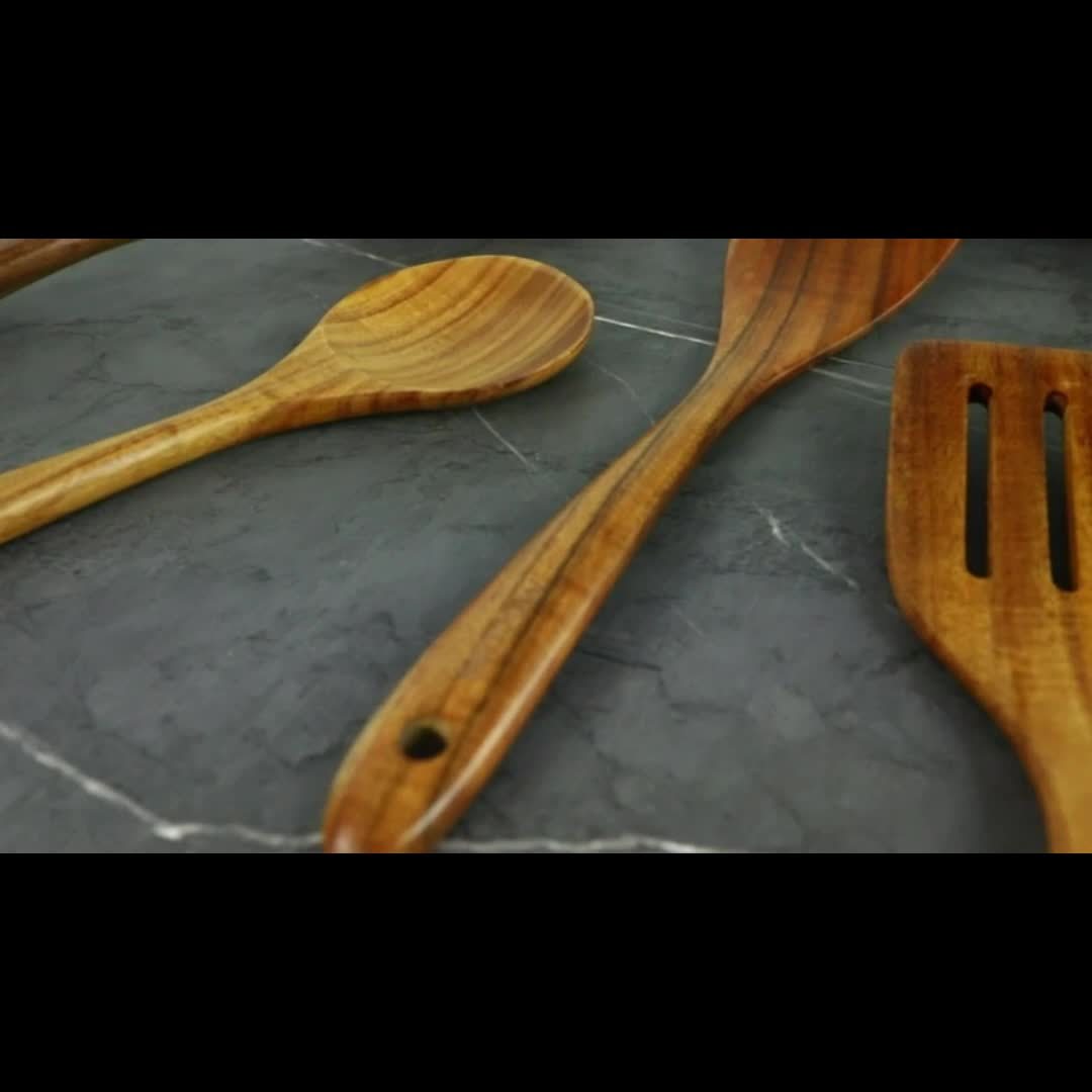 5-delige Houten Keukengerei Set voor Anti-aanbakpannen – Natuurlijke Lepels en Spurtles