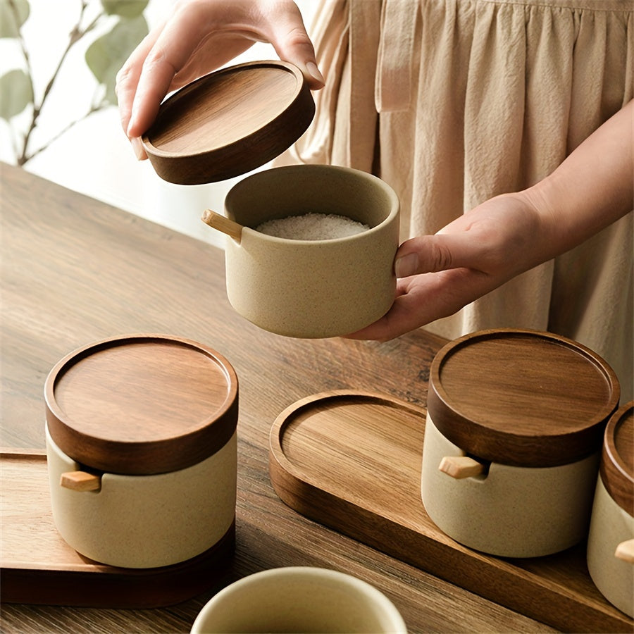 Japanse Stijl Aardewerk Kruidenpotjes met Deksel en Lepels – Mini Opslagcontainers voor Zout en Suiker