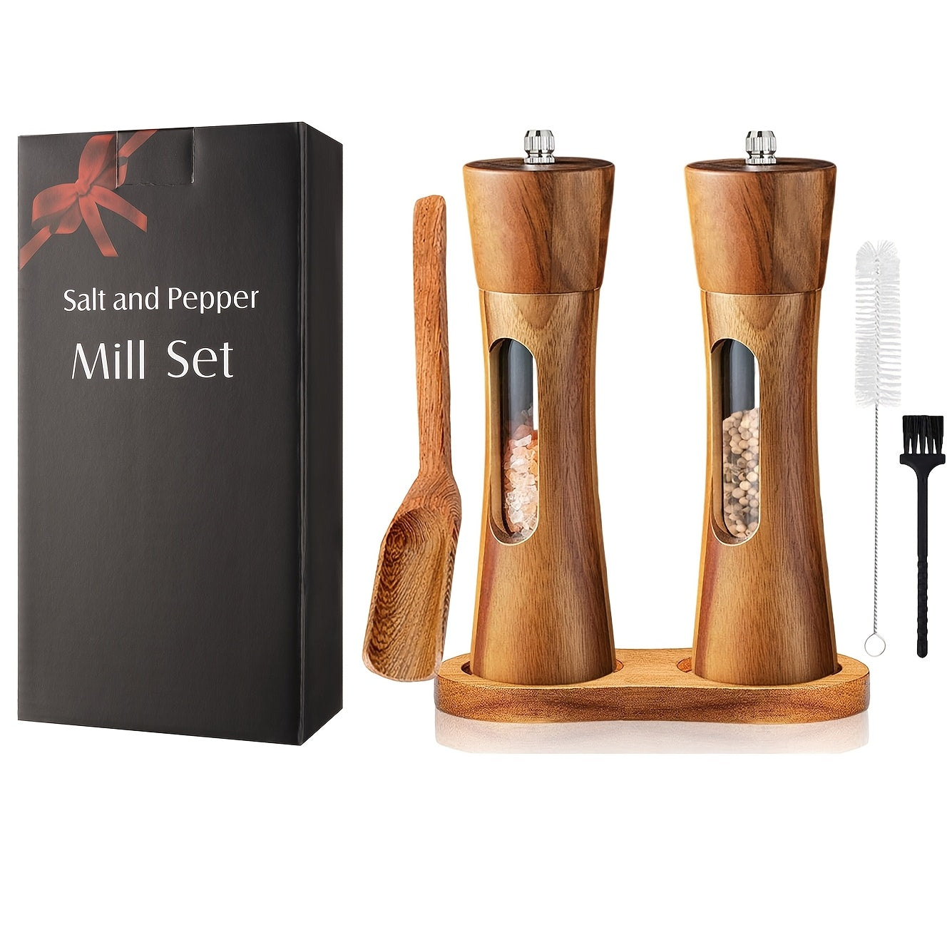 Houten Peper en Zout Molen Set – Handmatige Keuken Molens met Gratis Basis, Lepel en Borstel