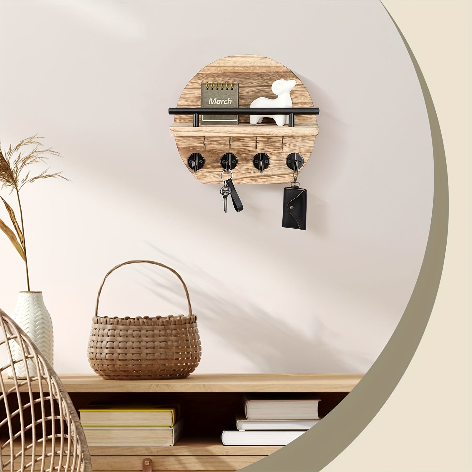 Houten Sleutelhoofd met Plank en 8 Haken - Rustieke Muurorganizer voor Sleutels en Accessoires