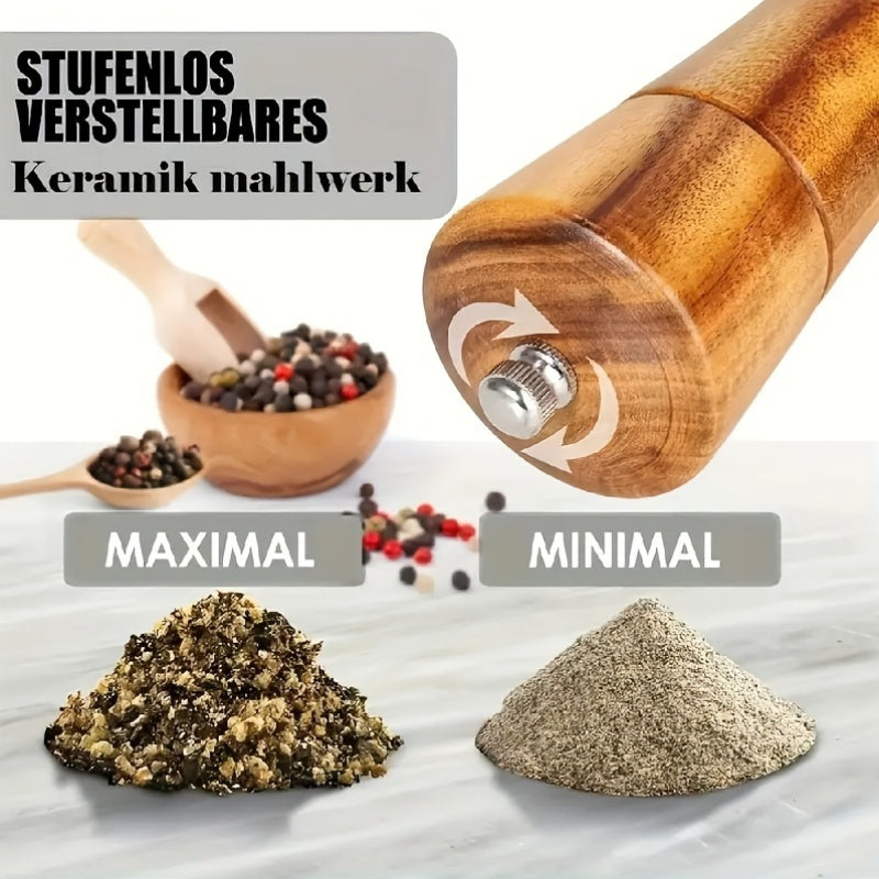 Houten Peper en Zout Molen Set – Handmatige Keuken Molens met Gratis Basis, Lepel en Borstel