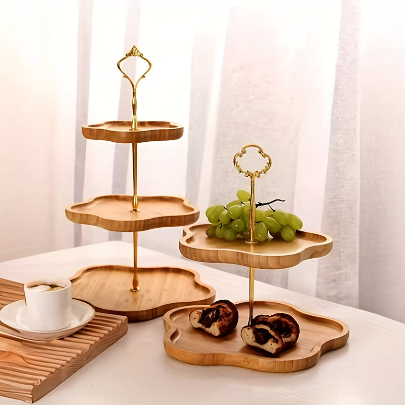 Elegante 3-Laags Houten Serveerblad met Gouden Handvatten voor Fruit en Snacks