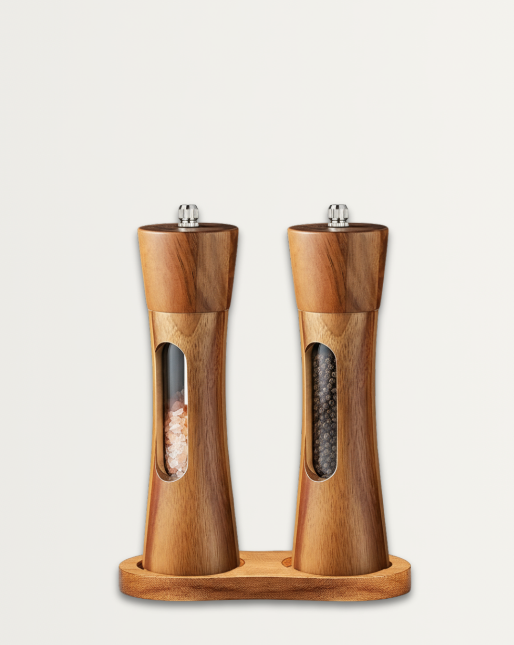 Houten Peper en Zout Molen Set – Handmatige Keuken Molens met Gratis Basis, Lepel en Borstel
