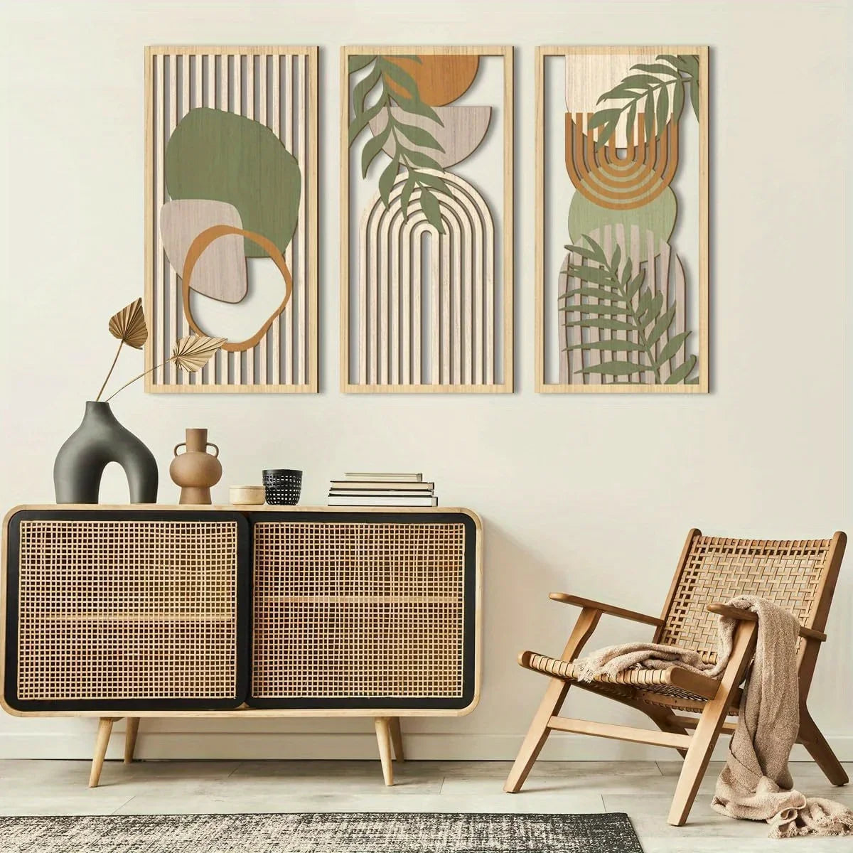 Houten Wanddecoratie - Abstracte Geometrische Sculpturen in Saliegroen