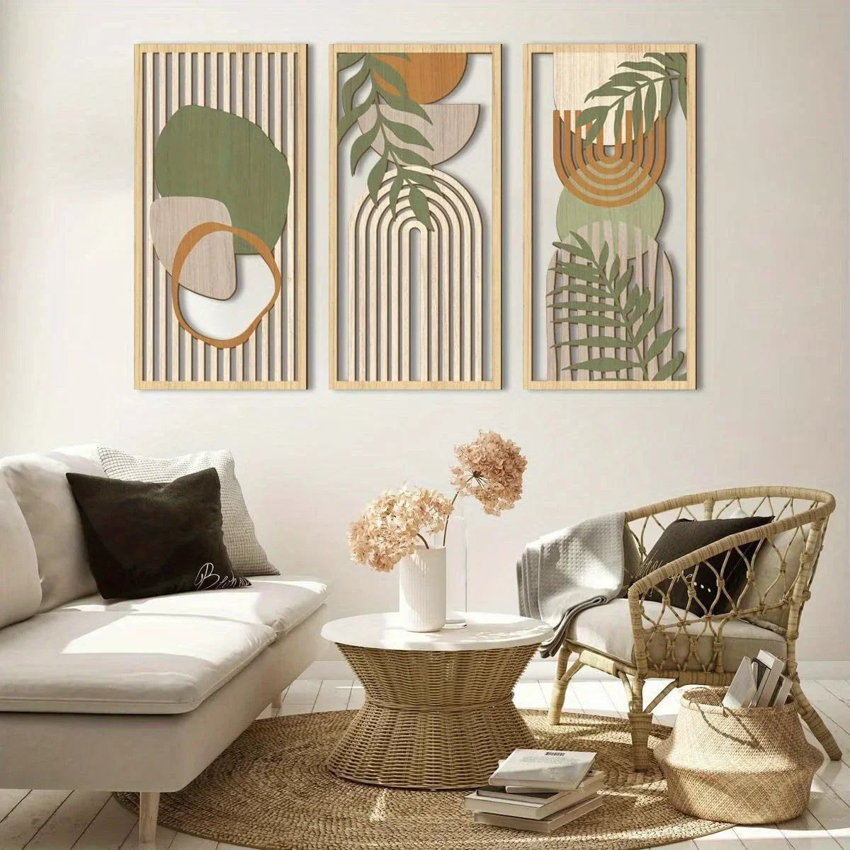 Houten Wanddecoratie - Abstracte Geometrische Sculpturen in Saliegroen