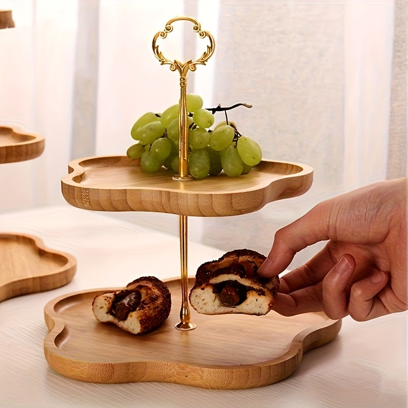 Elegante 3-Laags Houten Serveerblad met Gouden Handvatten voor Fruit en Snacks