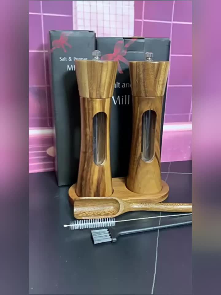 Houten Peper en Zout Molen Set – Handmatige Keuken Molens met Gratis Basis, Lepel en Borstel