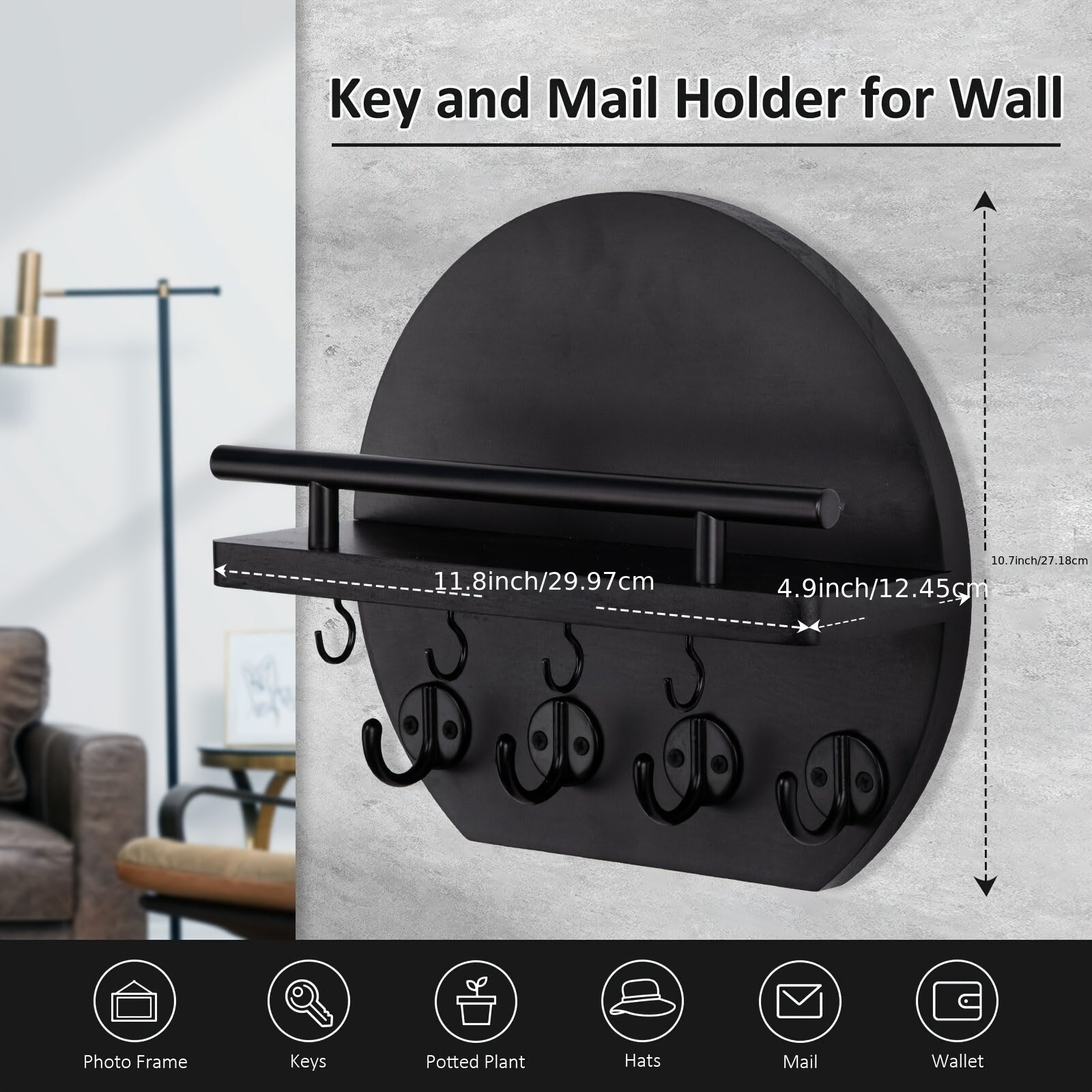 Houten Sleutelhoofd met Plank en 8 Haken - Rustieke Muurorganizer voor Sleutels en Accessoires